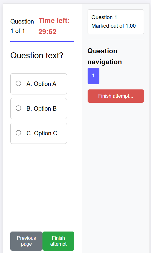 Original QUIZ-WORLD question screen with timer, answer options, navigation and finish controls