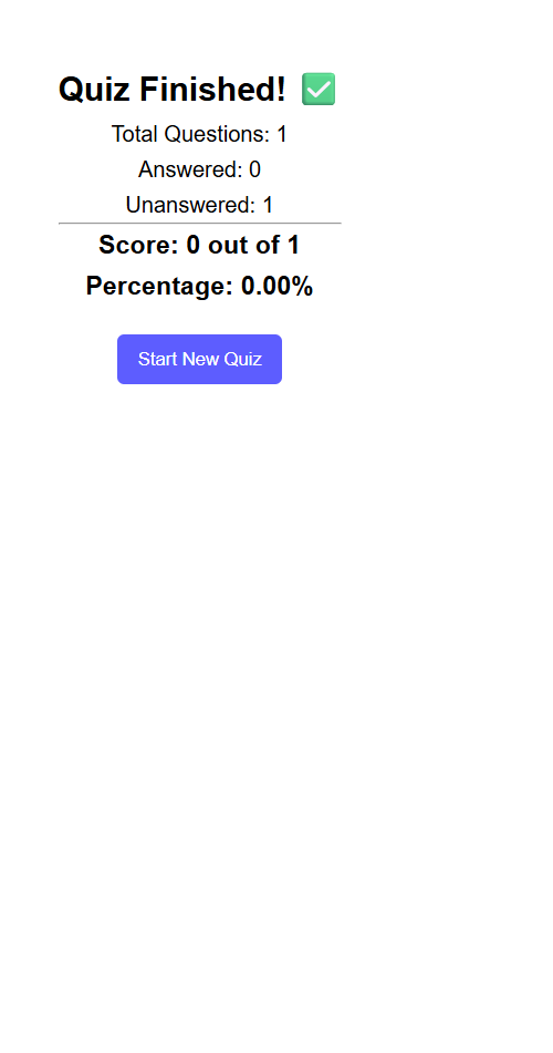 Original QUIZ-WORLD result screen calculating answered, unanswered, score and percentage